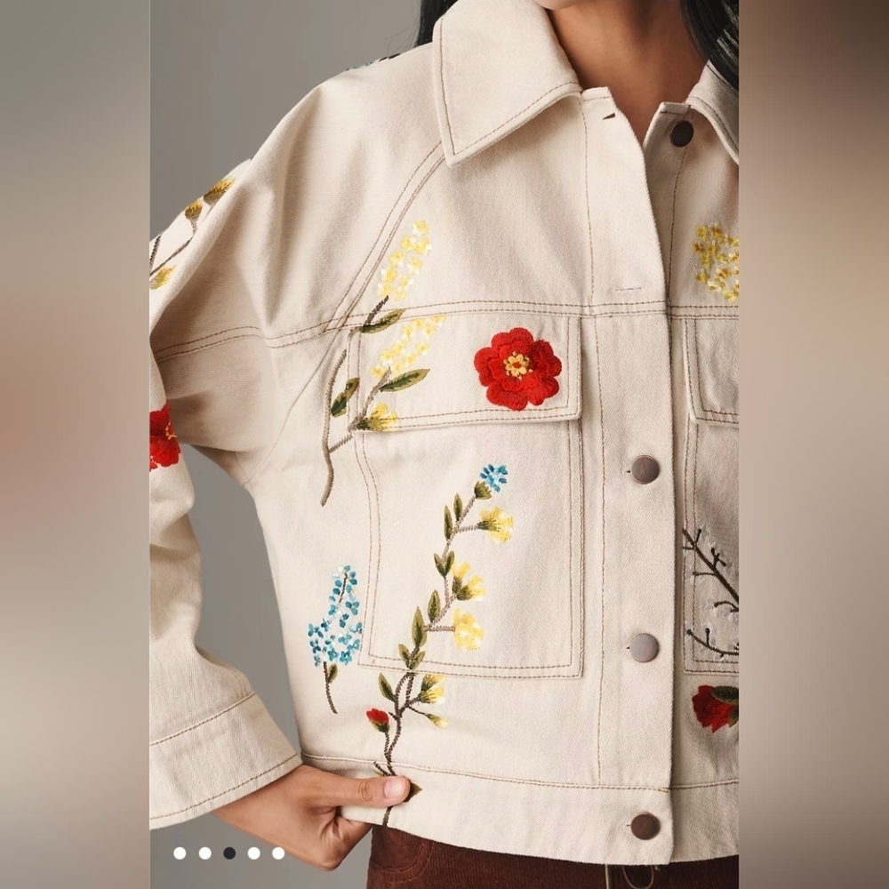 Anthropologie Limited Edition Cream Floral Embroidered Jean Jacket - Picture 9 of 16